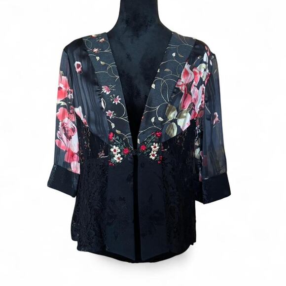Studio vk Tops - Studio VK Floral Embroidered Lace Kimono Jacket Black Sheer Sleeves PL
